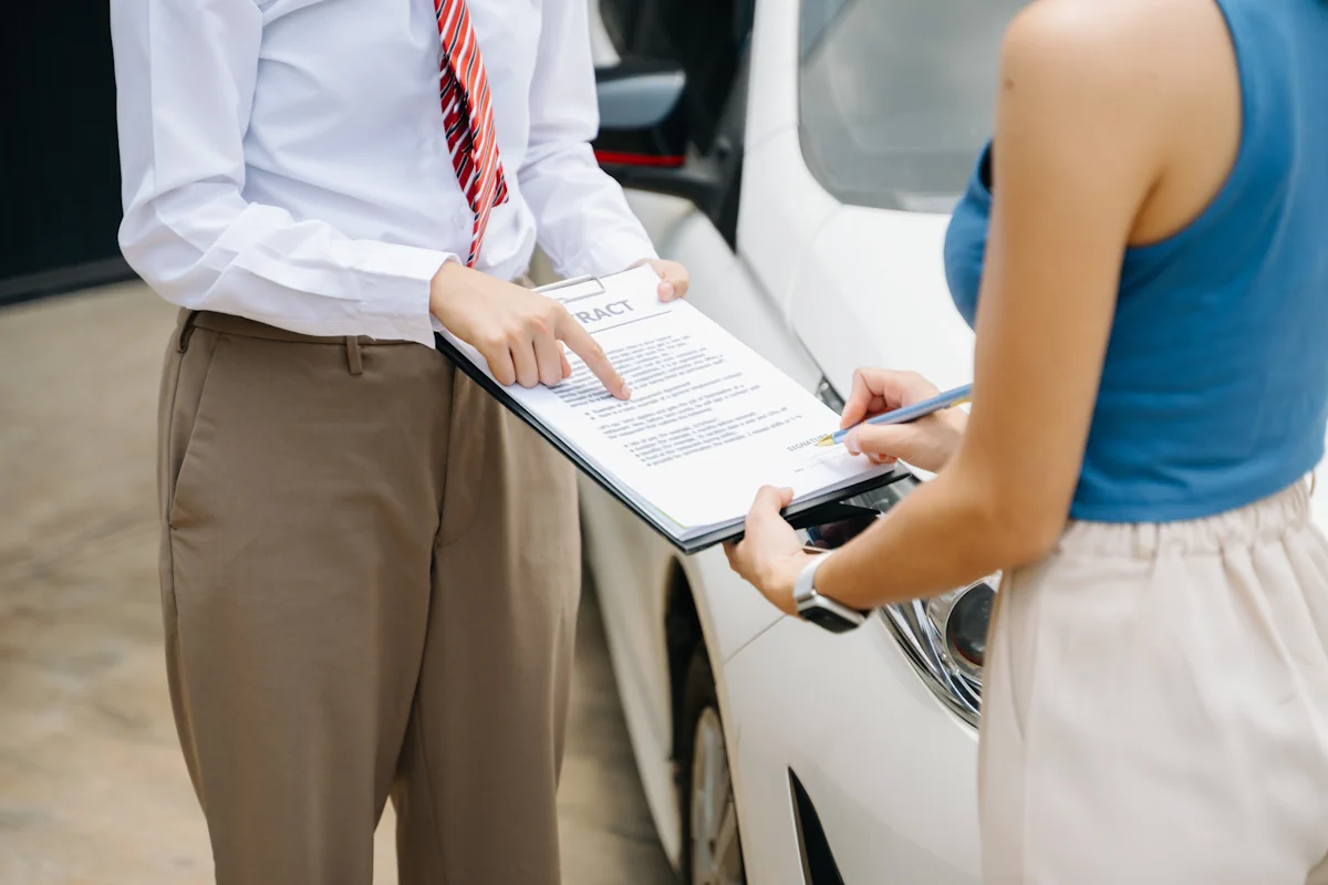 Une femme qui signe un contrat tendu par un homme à côté d'une voiture blanche